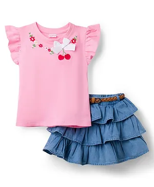 Babyhug Single Jersey Knit Sleeveless
                              Floral Embroidered Top & Denim Skirts
                              Set With Belt - Pink