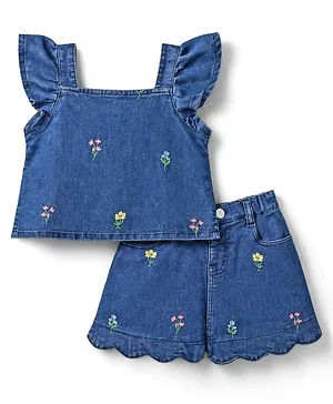 Babyhug Denim Sleeveless Floral
                              Embroidered Top & Skirts Set - Blue