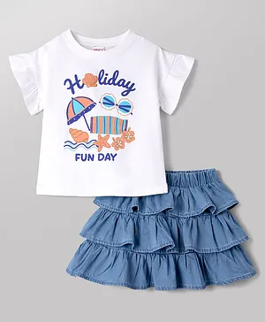 Babyhug Single Jersey Knit Half
                              Sleeves Beach Theme Printed T-Shirt &
                              Denim Skirts Set - White & Light Blue