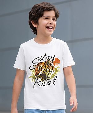 Pine Kids Cotton Knit Half Sleeves T-Shirt With Lion Graphics - White