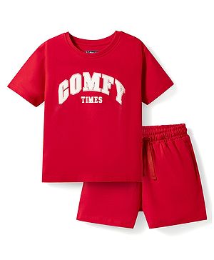 Pine Kids Cotton Knit Half Sleeves T-Shirt & Shorts Night Suit with Text Print - Red
