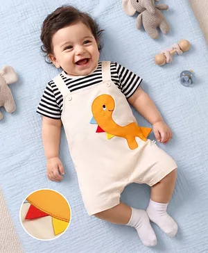 Mark & Mia Half Sleeves Dungaree
                              Style Romper With Dino Design &
                              Applique - Multicolor