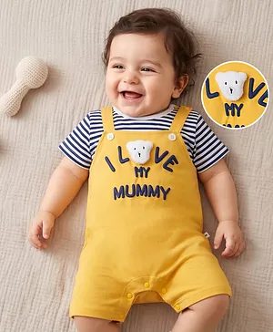 Mark & Mia Cotton Knit Half
                              Sleeves Striped Romper with Teddy Applique
                              - Multicolor