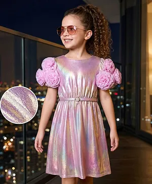 Hola Bonita Knit Half Sleeves Shimmer
                              Party Dress With Floral Corsage & Belt
                              - Pink