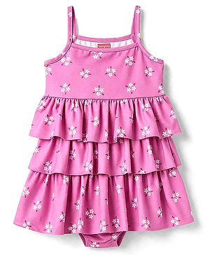 Babyhug Water Repellent Sleeveless Frock Swimsuit With Floral Print - Pink