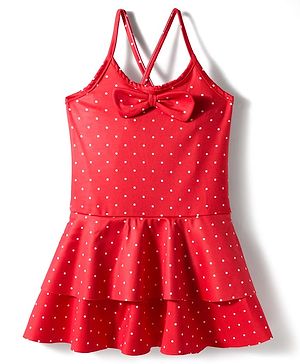 Babyhug Sleeveless Water Repellent Frock Swimsuit with Bow Applique & Polka Dot Print - Red