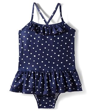 Babyhug Water Repellant Frock Swimsuit With Heart Print - Navy Blue