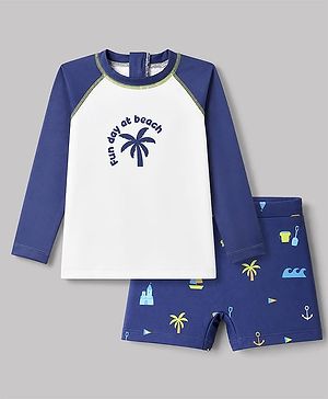 Babyhug Water Repellent Full Sleeve Two Piece Swimsuit With Beach Theme - White