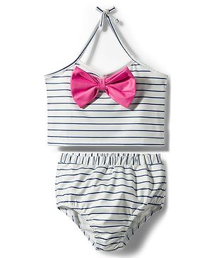 Babyhug Water Repellent Sleeveless Striped Two Piece Swimsuit with Bow Applique - Navy Blue