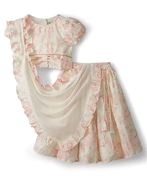 EARTHY TOUCH Woven Half Sleeves
                              Floral Printed Choli Lehenga Set with
                              Dupatta - White