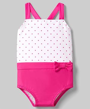 Babyhug Water Repellant V Cut Swimsuit With Polka Dots Print & Bow Print - White & Pink