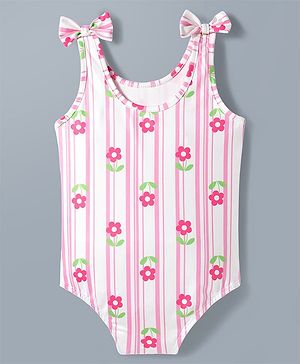 Babyhug Water Repellant V Cut Swimsuit With Floral Print & Bow Applique - Pink