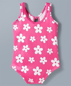 Babyhug Water Repellant V Cut Swimsuit With Floral Print - Pink