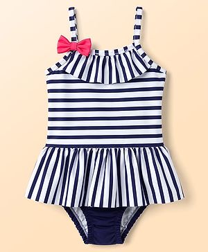 Babyhug Water Repellent Sleeveless Striped V Cut Swimsuit With Bow Applique - Navy Blue