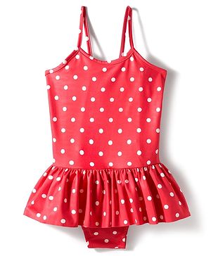 Babyhug Sleeveless Water Repellent V Cut Swimsuit with Polka Dot Print - Red
