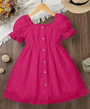 The Kids Club Schiffli Woven Half
                                  Puffed Sleeves Schiffli Embroidered
                                  Dress - Dark Pink