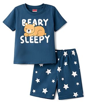 Babyhug Cotton Knit Half Sleeves T-Shirt & Shorts Night Suit with Bear & Star Print - Teal Blue