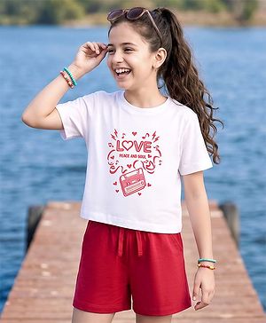 Pine Kids Cotton Knit Half Sleeves Top & Shorts Set with Text Print - White & Red
