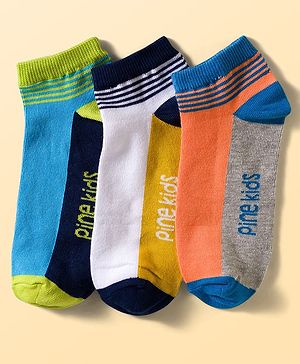 Pine Kids Cotton Knit Ankle Length Socks With Stripes & Text Design Pack Of 3 ( Colour May Vary )