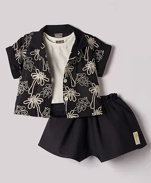 Little Kangaroos Cotton Woven Half
                              Sleeves Top & Shorts With T-Shirt
                              & Floral Embroidery - Black