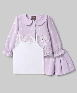 Little Kangaroos Cotton Woven Full
                              Sleeves Floral Embroidered Peter Pan
                              Collared Top & Shorts Set With
                              Innerwear - Purple