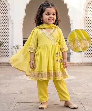 EARTHY TOUCH Cotton Woven Half
                              Sleeves Kurta Palazzo Set With Dupatta
                              With Lace Detailing - Light Yellow