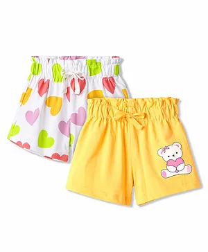 Doodle Poodle 100% Cotton Knit Knee
                              Length Hearts & Teddy Bear Printed
                              Shorts Pack Of 2 - White & Yellow