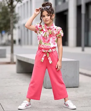 OLLINGTON ST. Woven Georgette Half
                              Sleeves Printed Top & Knit Culottes
                              Set - Multicolour & Pink