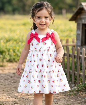 Babyhug 100% Cotton Knit Sleeveless Floral Printed Frock With Bow Applique - White