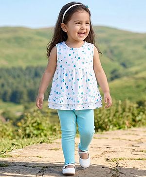 Babyhug Single Jersey Knit Sleeveless Top & Leggings Set With Polka Dot Print - White & Blue