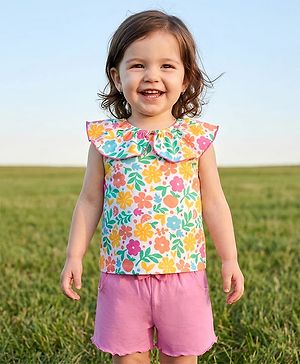 Babyhug Single Jersey Knit Frill Sleeves Top & Shorts Set with Floral Print & Bow Applique - Pink