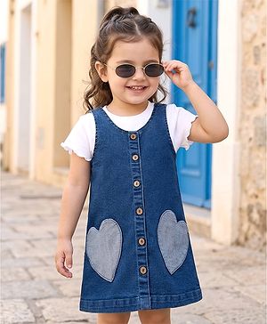 Babyhug Woven Denim Frock & Half Sleeves Inner Tee With Heart Patch - Blue