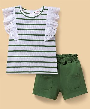Babyhug Popcorn Knit Sleeveless Striped Top & Shorts Set - Green & White