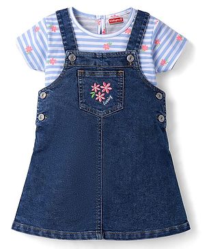Babyhug Denim Woven Frock & Half Sleeves Inner Tee With Floral Print & Embroidery - Blue