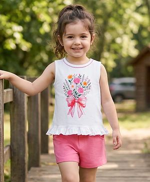 Babyhug Single Jersey Knit Sleeveless Top & Shorts Set With Floral Print - Multicolor