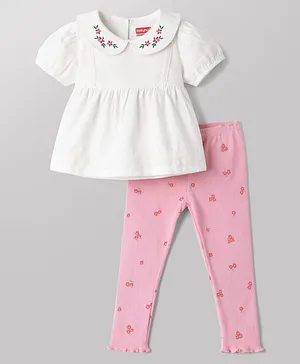 Babyhug Single Jersey Knit Half
                              Sleeves Top & Leggings Set with Floral
                              Print & Embroidery - White & Pink
