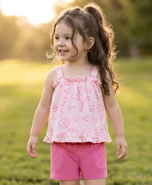 Babyhug Single Jersey Knit Sleeveless
                              Top & Shorts Set with Floral Print
                              & Bow Applique - Pink