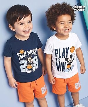Babyhug Disney Single Jersey Knit Half Sleeves T-Shirts & Shorts Set with Mickey Mouse Graphics - Orange White & Navy Blue