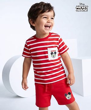 Babyhug Disney Single Jersey Knit Half Sleeves T-Shirt & Shorts Set with Mickey Mouse Graphics - Red