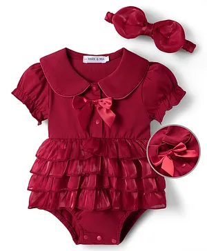 Mark & Mia Half Sleeves Solid Frock Style
                      Onesie with Bow Applique & Headband - Red