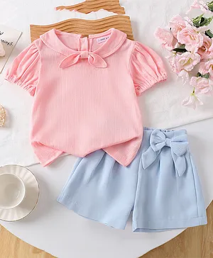 Mark & Mia Half Puffed Sleeves
                              Top & Shorts Set with Bow Applique -
                              Pink