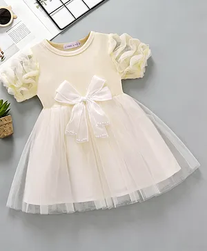 Mark & Mia Half Sleeves Party
                              Dress With Bow Applique - Beige