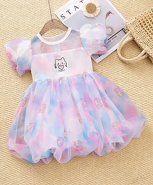 Mark & Mia Half Sleeves Bear
                              & Kitty Printed Party Frock -
                              Multicolor