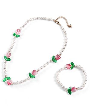 Babyhug Metal Necklace For Kids With Pearls & Floral Charms - Pink & White