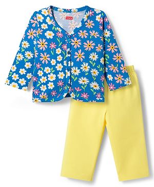 Babyhug Single Jersey Knit Full Sleeves Top & Leggings Set with Floral Print - Yellow & Blue
