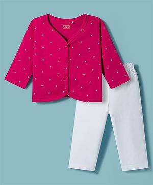 Babyhug Single Jersey Knit Full Sleeves Top & Leggings Set with Polka Dot Print - Fuchsia & White
