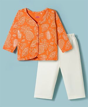 Babyhug Single Jersey Knit Full Sleeves Top & Leggings Set with Tropical Theme Print - Orange & White