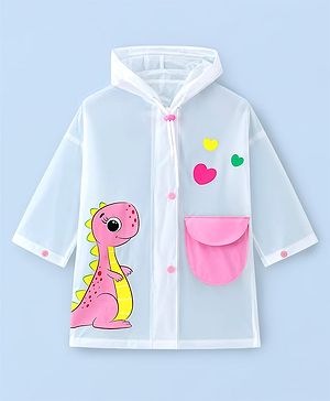 Babyhug Full Sleeves Raincoat with Dino Print - White