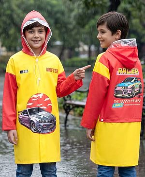 Pine Kids Full Sleeves Raincoat with Car Print - Yellow