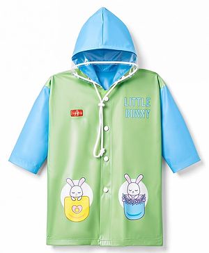 Babyhug Full Sleeves Knee Length Hooded Raincoat with Bunny Print - Green